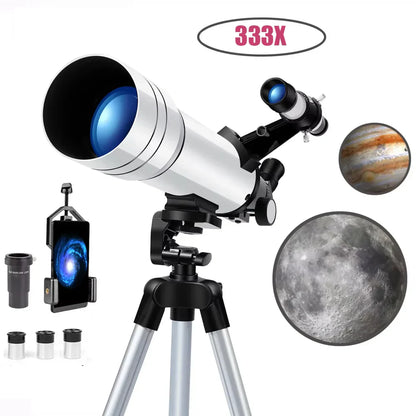 StaryNoxi Telescope with accessories on a white background, showing celestial images.