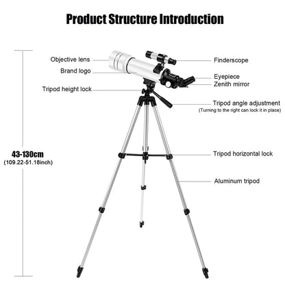 StaryNoxi Telescope with labeled parts and dimensions on a white background