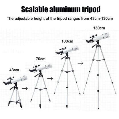 StaryNoxi Telescope with adjustable tripod showing height range from 43cm to 130cm.