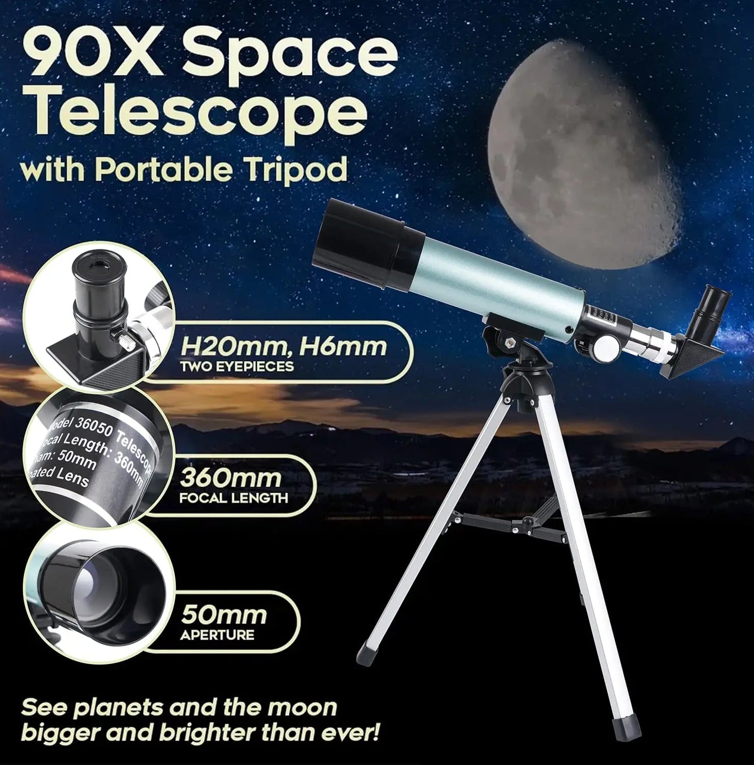 90X Space StarySeek Telescope with portable tripod against a space-themed background