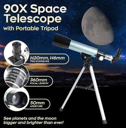 90X Space StarySeek Telescope with portable tripod against a space-themed background