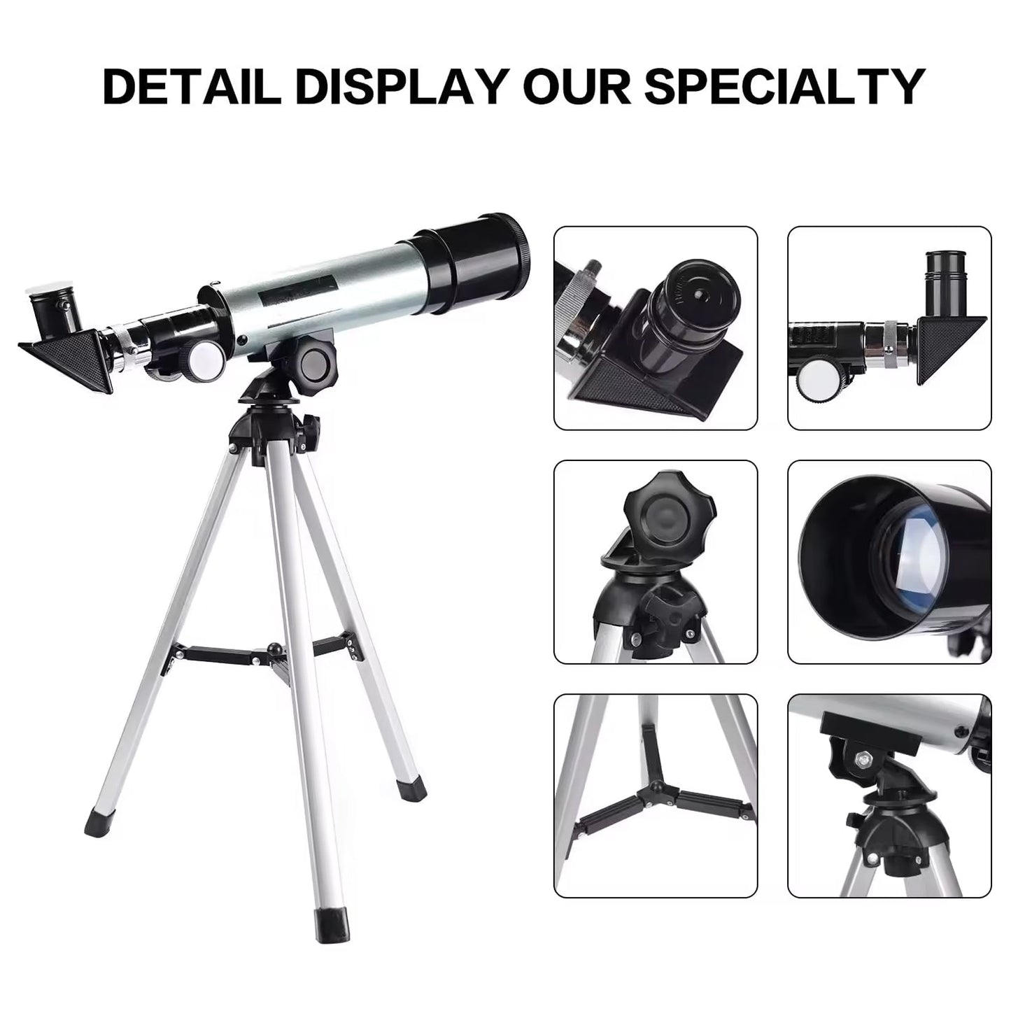 StarySeek Telescope with a tripod on a white background, surrounded by close-up images of telescope parts.