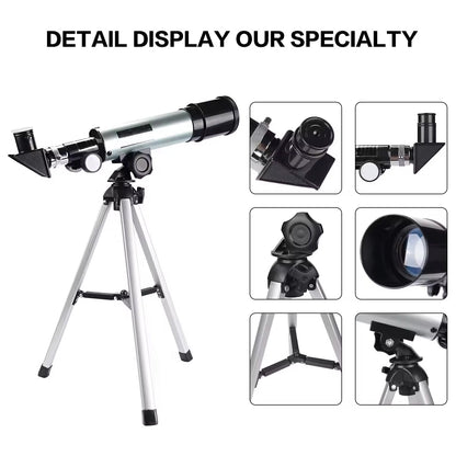 StarySeek Telescope with a tripod on a white background, surrounded by close-up images of telescope parts.