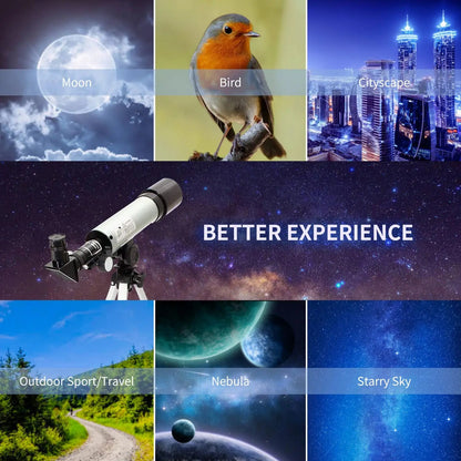 Collage of images with categories including moon, bird, cityscape, telescope, outdoor sport/travel, nebula, and starry sky.