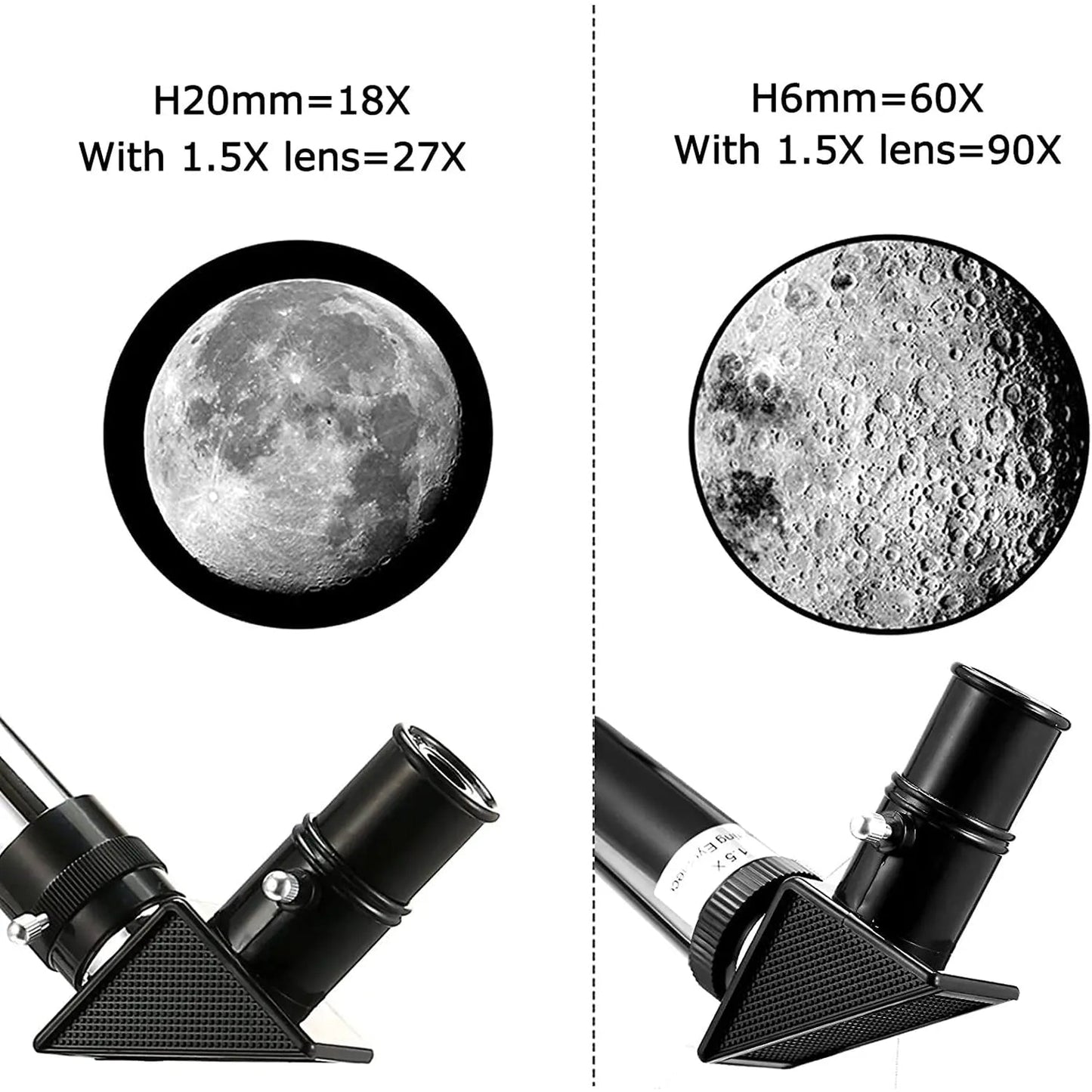 Two StarySeek Telescope objectives with magnification details and close-up views of the moon's surface.