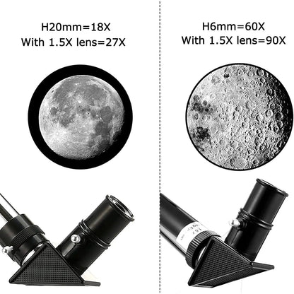 Two StarySeek Telescope objectives with magnification details and close-up views of the moon's surface.