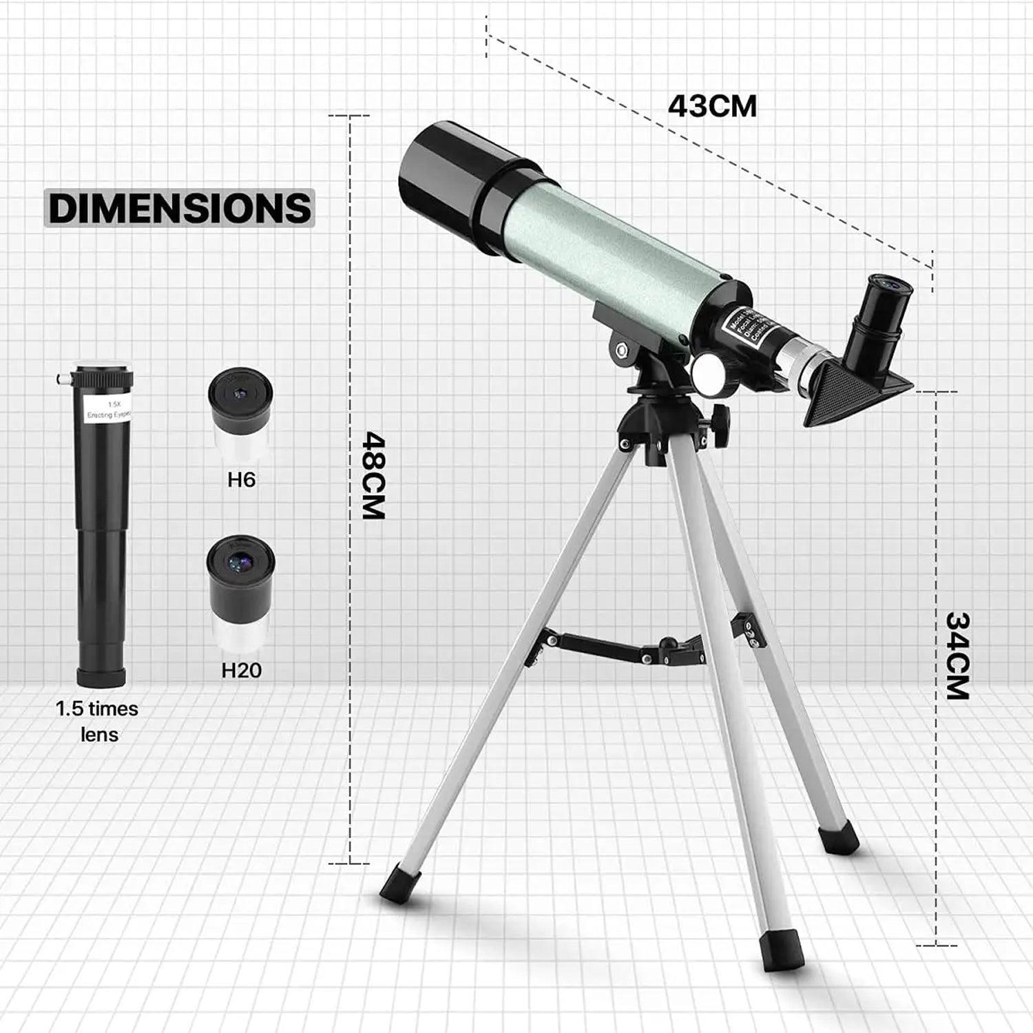 StarySeek Telescope with dimensions labeled on a grid background