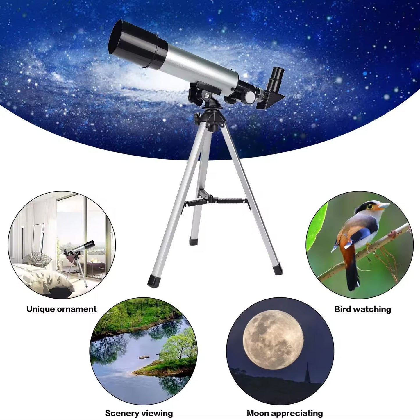 StarySeek Telescope on a tripod with examples of uses like bird watching, scenery viewing, and moon appreciating against a starry night sky.