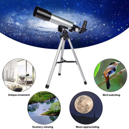 StarySeek Telescope on a tripod with examples of uses like bird watching, scenery viewing, and moon appreciating against a starry night sky.