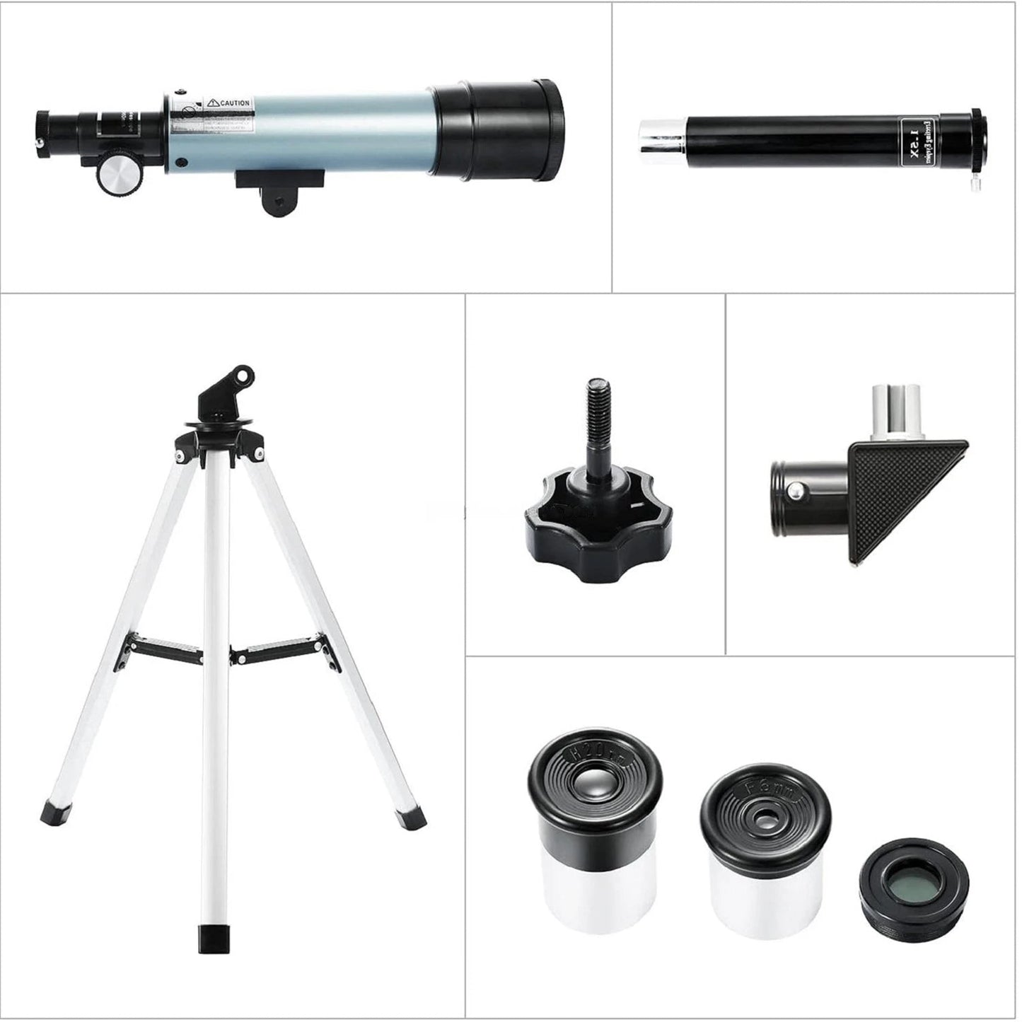 Collage of a StarySeek Telescope and its components on a white background