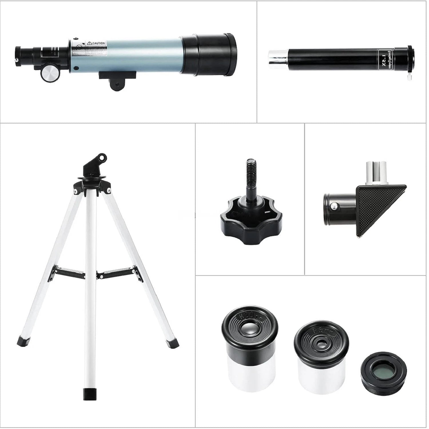 Collage of a StarySeek Telescope and its components on a white background