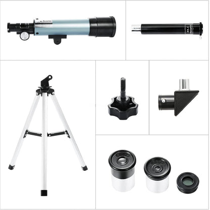 Collage of a StarySeek Telescope and its components on a white background
