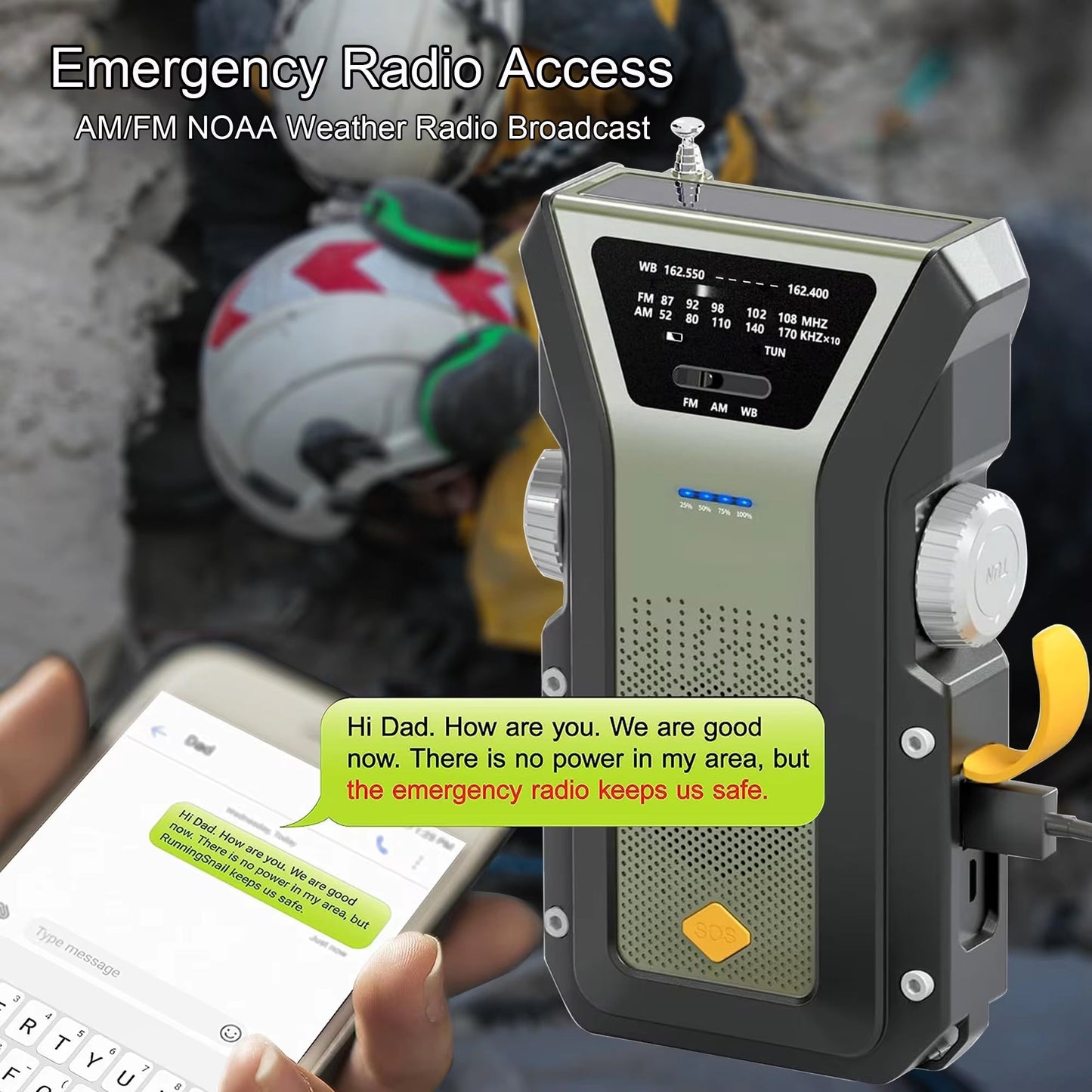 Swiflert Hand Crank Radio with text message on smartphone, surrounded by safety gear.