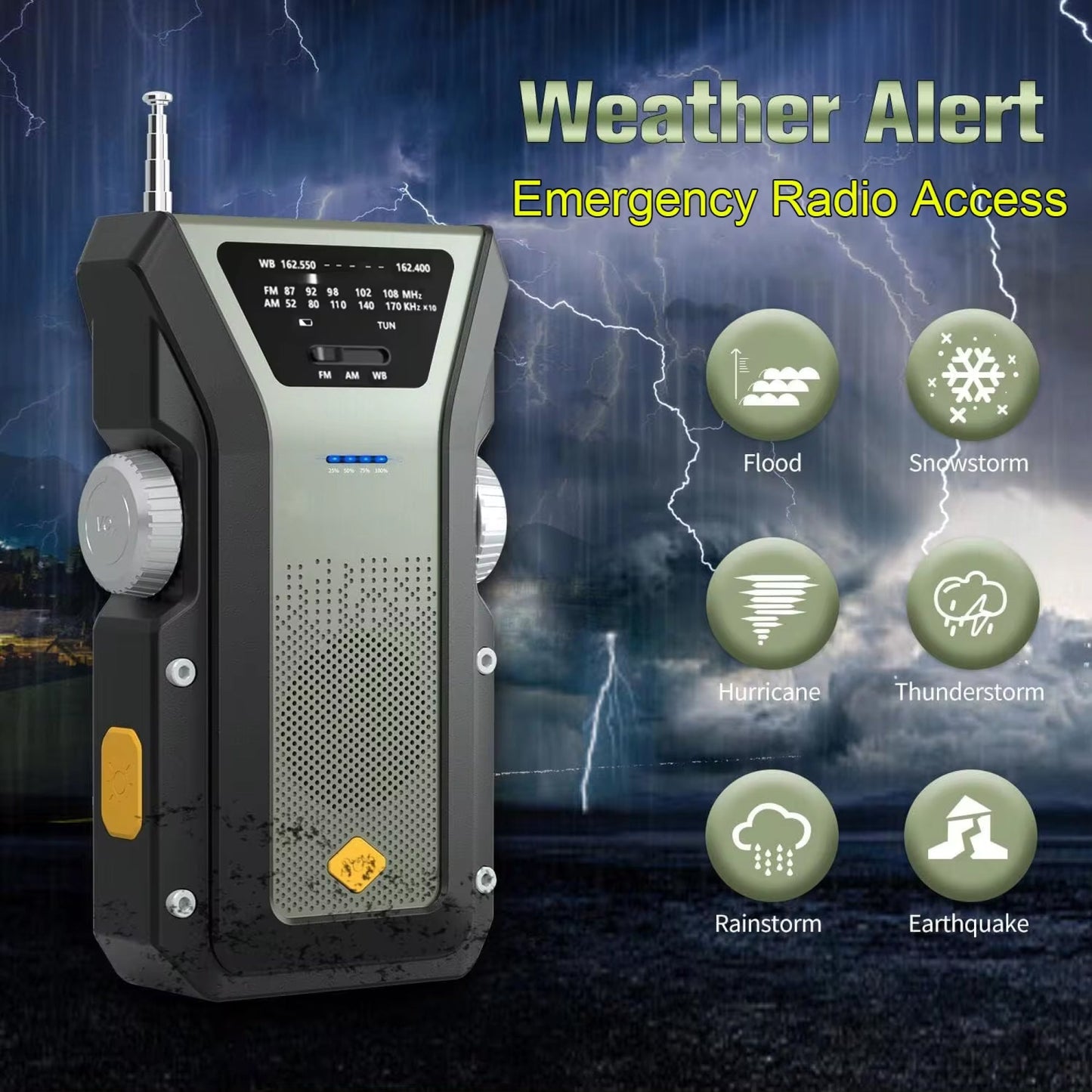 Weather alert Swiflert Hand Crank Radio with stormy background and weather icons.