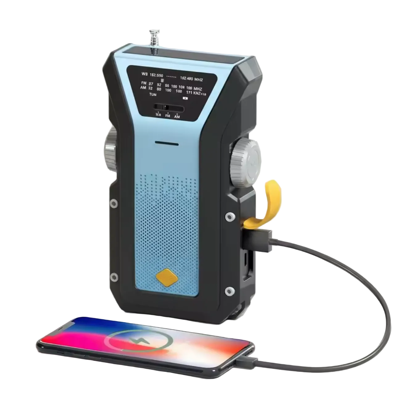 A portable multi-functional emergency Swiflert Hand Crank Radio with a light blue and black body, shown with a yellow power switch and a black cable connected to a smartphone displaying a charging interface, on a solid white background.