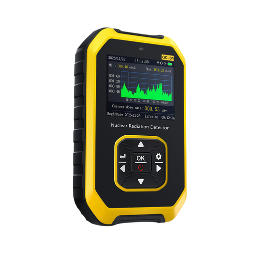 Swiftgrid Geiger Counter Nuclear Radiation Detector with yellow and black casing on a white background