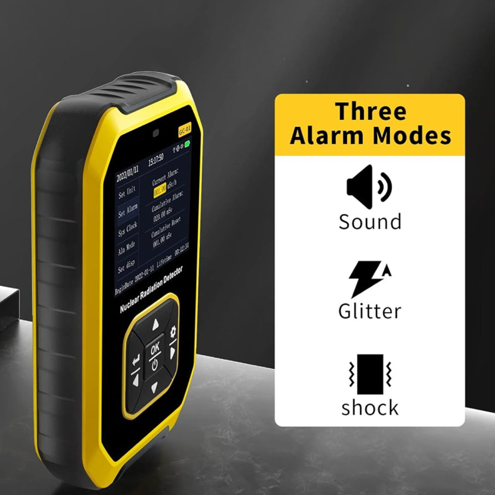 Swiftgrid Geiger Counter Nuclear Radiation Detector with three alarm modes on a dark background