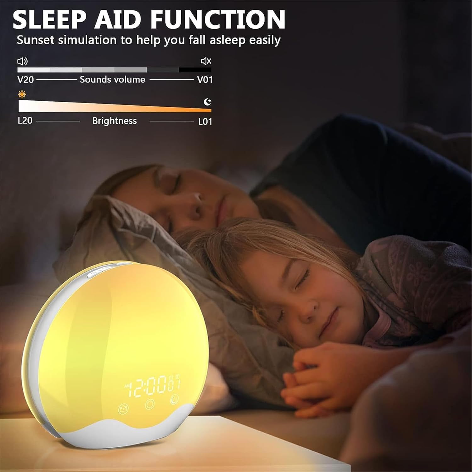 Swiftgrid LED Sunrise Alarm Clock aid device with sunset simulation and control panel on a dark background