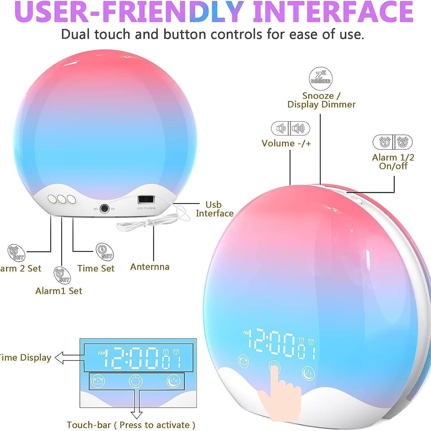 Swiftgrid LED Sunrise Alarm Clock with user interface diagram and controls.
