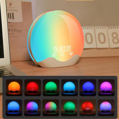 Colorful LED night light with digital display on a Swiftgrid LED Sunrise Alarm Clock surface, surrounded by color swatches.