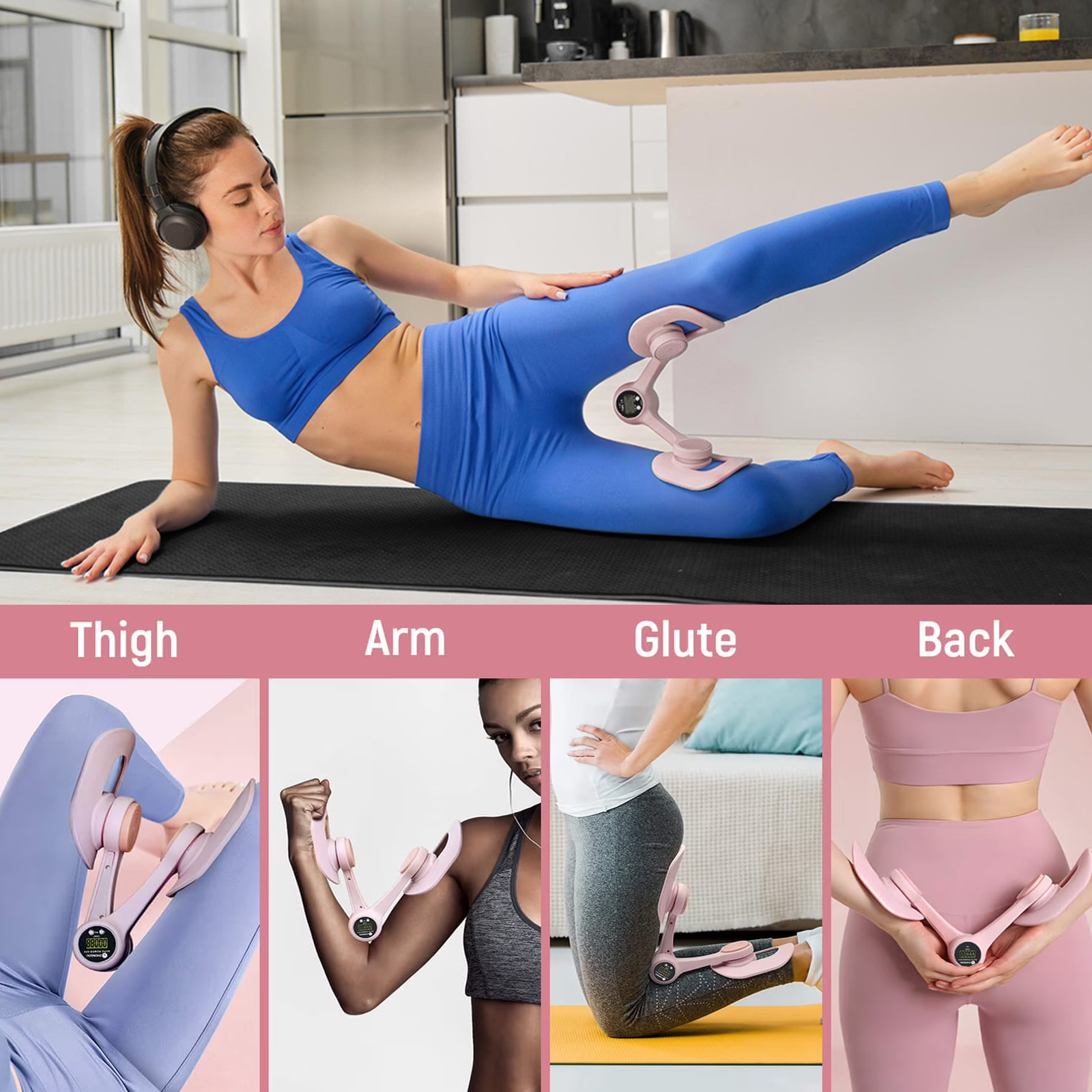 Woman using a Swiftgrid Pelvic Floor Exercise Device for leg exercise in a kitchen setting, with additional images of the device on different parts of the body.