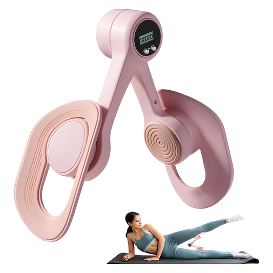 Pink Swiftgrid Pelvic Floor Exercise Device with digital display and a woman exercising on a mat.