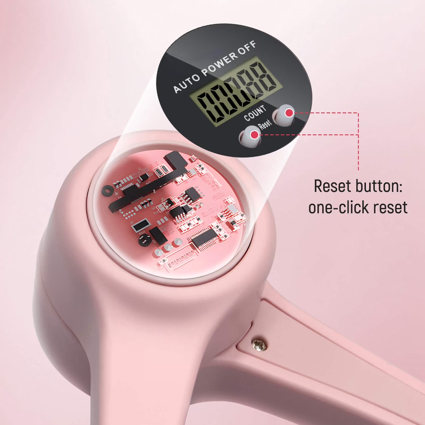 Close-up of a pink Swiftgrid Pelvic Floor Exercise Device with digital display and reset button on a light pink background