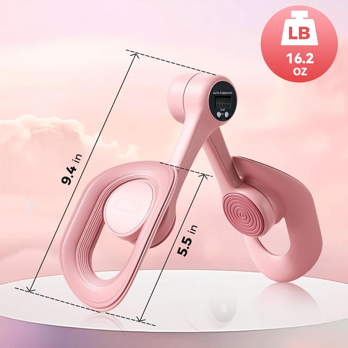 Pink Swiftgrid Pelvic Floor Exercise Device with digital display and measurement details on a light pink background
