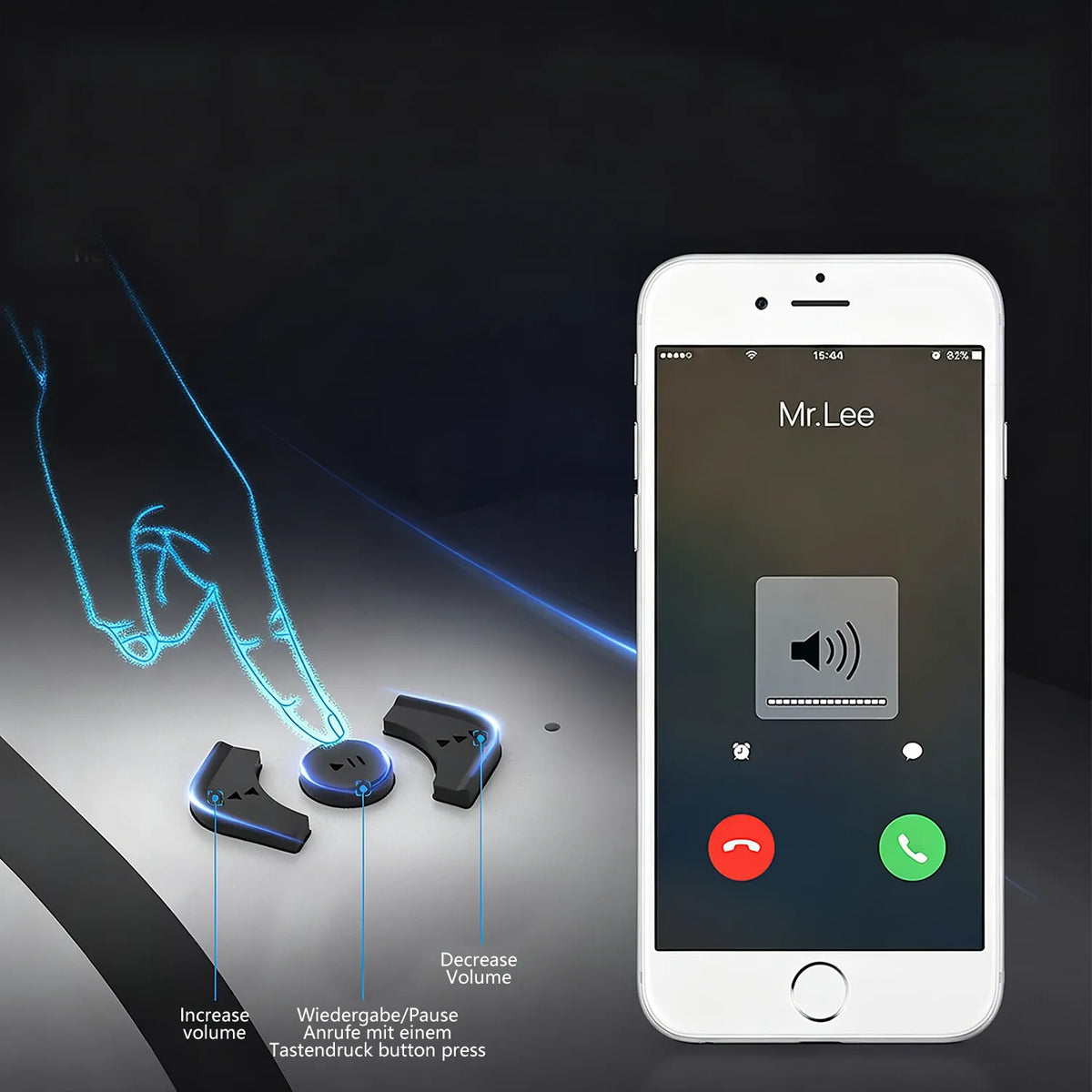 Black wireless in-ear earbuds with blue LED lighting shown next to a white smartphone displaying a call interface, with hand gesture diagrams indicating touch controls.