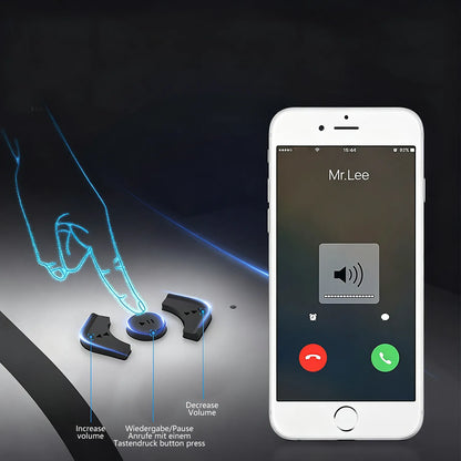 Black wireless in-ear earbuds with blue LED lighting shown next to a white smartphone displaying a call interface, with hand gesture diagrams indicating touch controls.