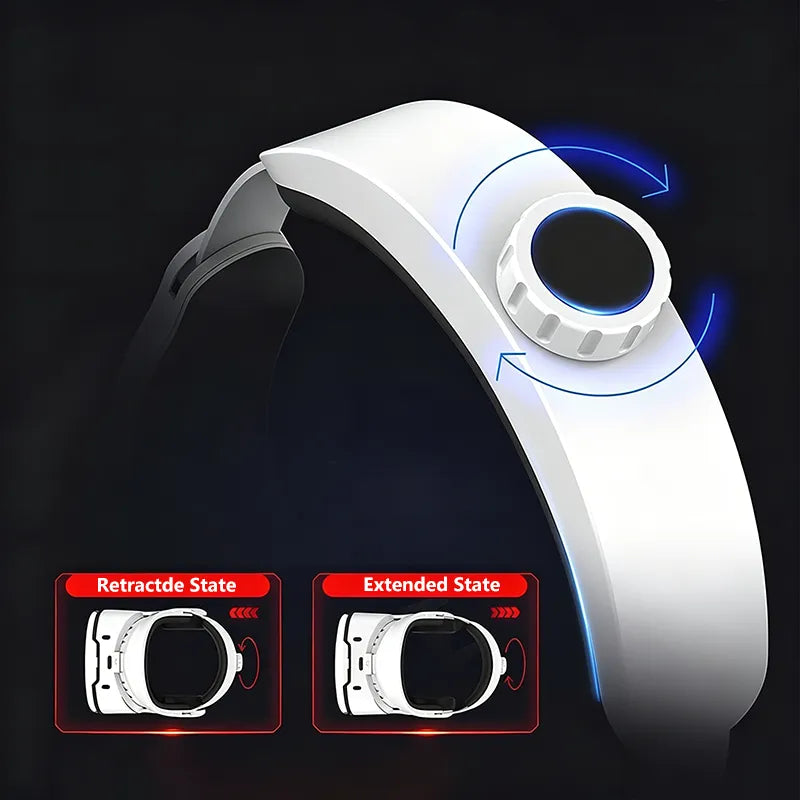 A Tayvos 3D VR Glasses with a circular control button, shown on a dark background with blue motion arrows indicating rotation. Two inset diagrams at the bottom show the watch in retractable and extended states.