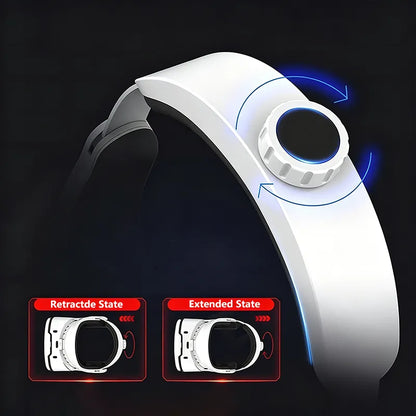 A Tayvos 3D VR Glasses with a circular control button, shown on a dark background with blue motion arrows indicating rotation. Two inset diagrams at the bottom show the watch in retractable and extended states.