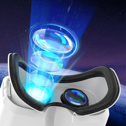 A white and black virtual reality Tayvos 3D VR Glasses with glowing blue lens graphics and a starry space background.