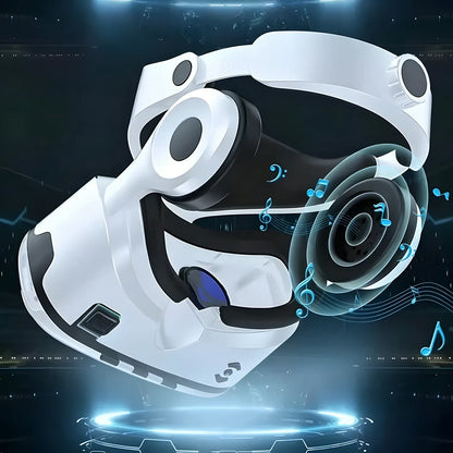 A futuristic white and black virtual reality Tayvos 3D VR Glasses floating above a glowing circular platform, with blue light effects and musical note graphics around it on a dark digital background.