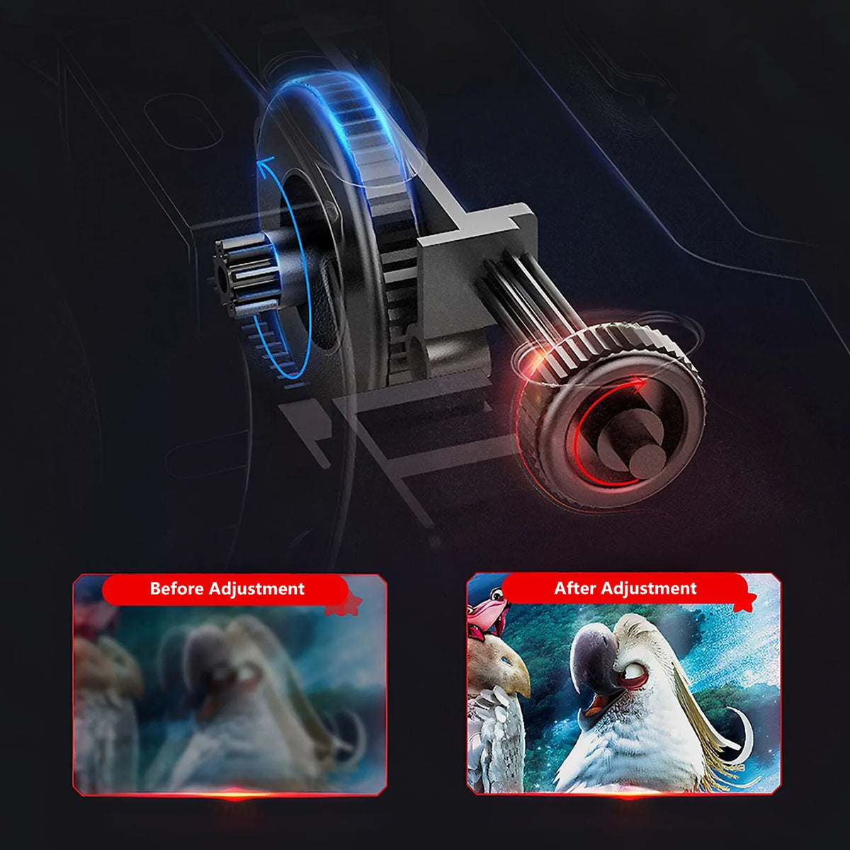 A Tayvos 3D VR Glasses gear and pinion adjustment component shown on a dark background, with two inset panels labeled 'Before Adjustment' and 'After Adjustment' showing a bird image changing from blurry to sharp.