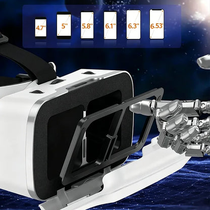 White and black virtual reality Tayvos 3D VR Glasses shown against a dark blue space background, with a robotic hand touching the front frame and a blue graphic at the top listing screen sizes from 4.7 to 6.