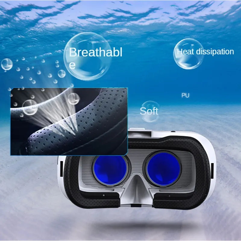 A VR Tayvos 3D VR Glasses with white and black casing and blue lenses, shown over an underwater-style blue background with text callouts for breathability, heat dissipation, and softness, plus a close-up inset of the textured front panel.