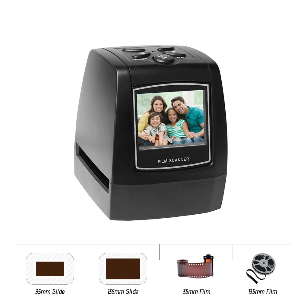 Tayvos Digital Film & Slide Scanner with screen displaying a family photo, surrounded by film types on a white background.