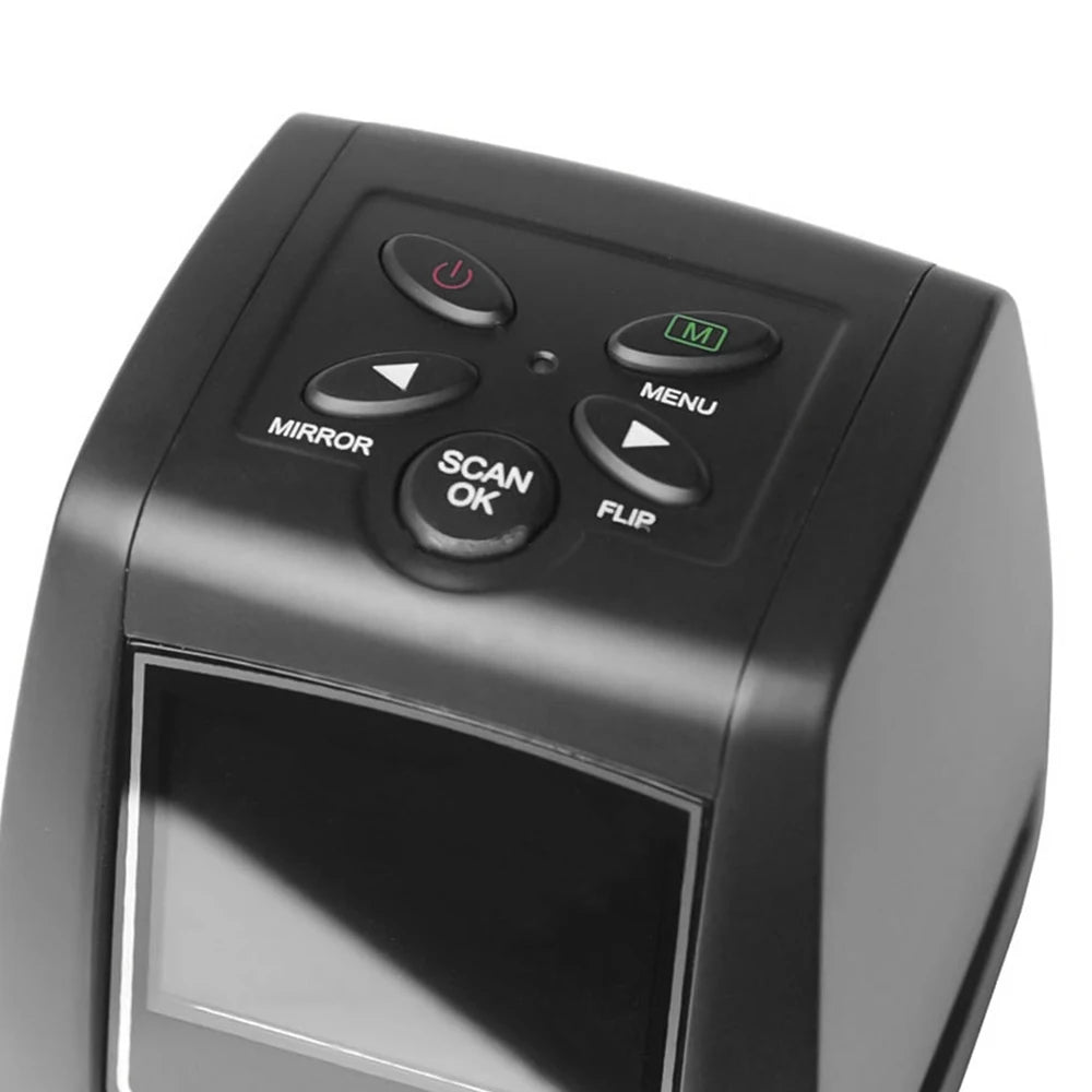 Black Tayvos Digital Film & Slide Scanner with control buttons on a white background