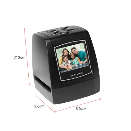 Black Tayvos Digital Film & Slide Scanner with a display showing a family photo, dimensions indicated on a white background.