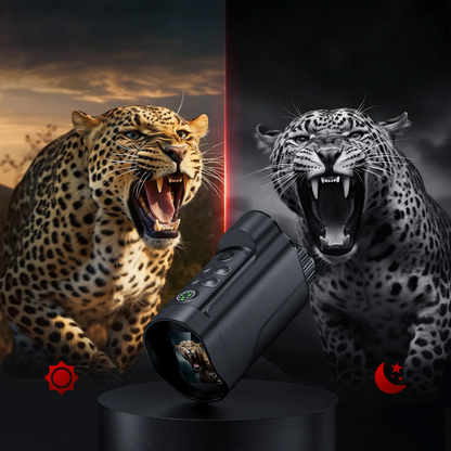 A black Tayvos HD Night Vision Monocular device is shown in front of a split background: a real outdoor scene with a roaring leopard on the left and a dark monochrome leopard on the right, with red sun and moon icons at the bottom corners. No person or animal is physically present in the scene as the main subject, so this is best classified as Product/Packaging rather than Lifestyle.