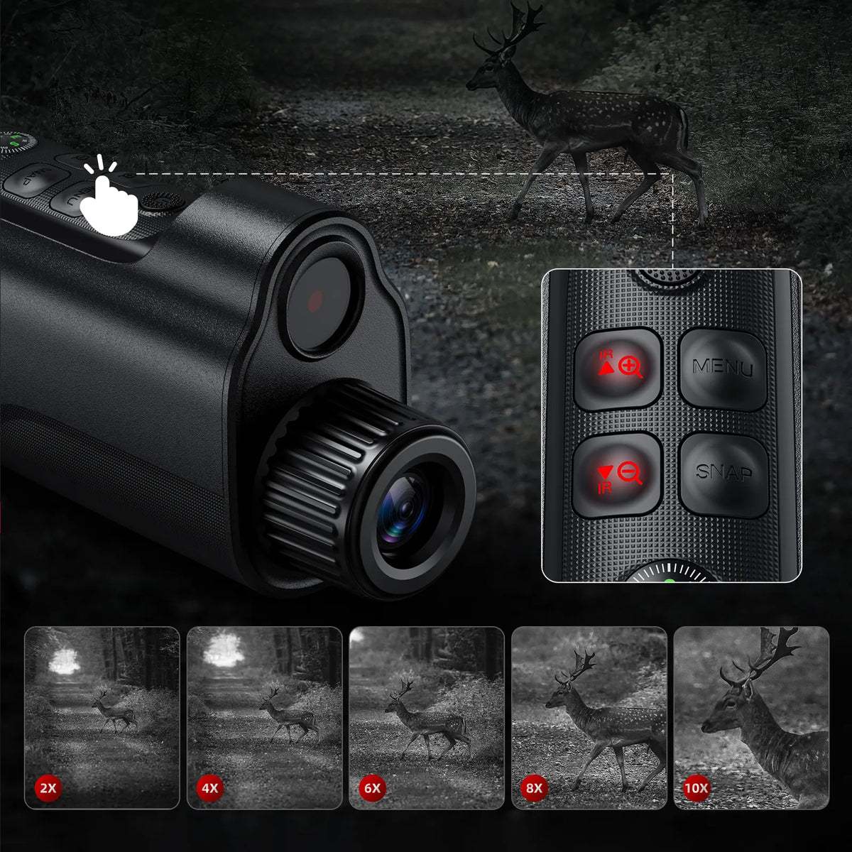 Black Tayvos HD Night Vision Monocular device with remote control and deer images on a dark background