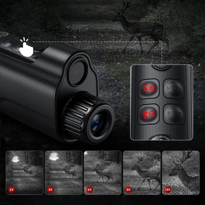 Black Tayvos HD Night Vision Monocular device with remote control and deer images on a dark background