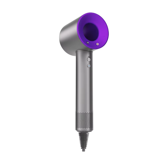 Silver TempComi Hair Dryer with purple nozzle on a white background
