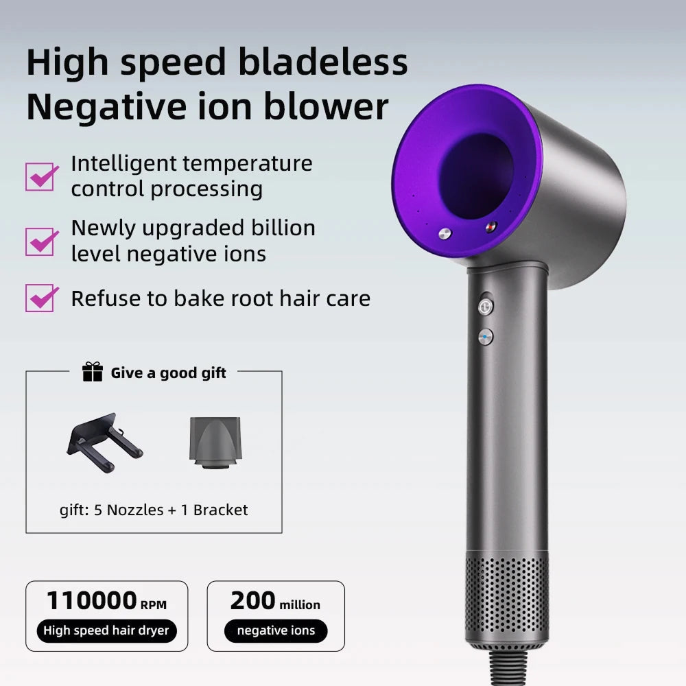 High-speed bladeless negative TempComi Hair Dryer blower with purple nozzle on a gray background