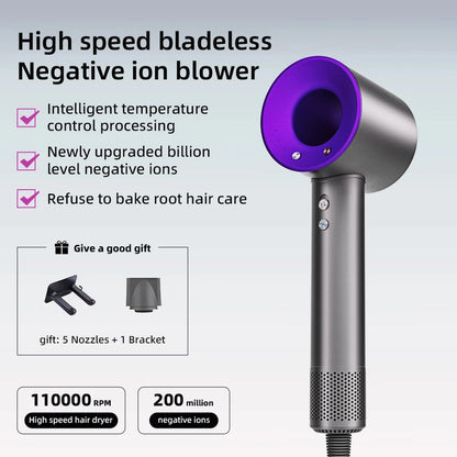 High-speed bladeless negative TempComi Hair Dryer blower with purple nozzle on a gray background