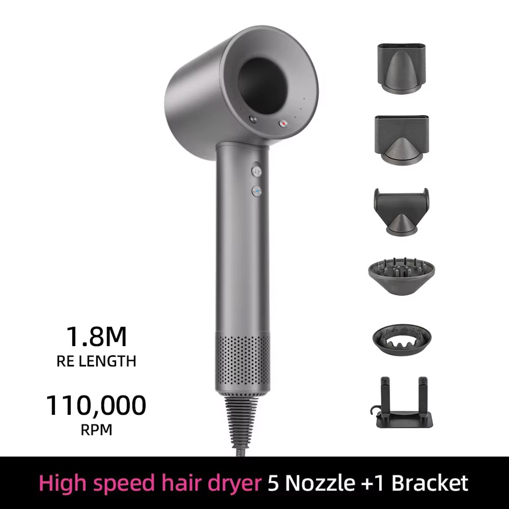 Gray high-speed TempComi Hair Dryer with multiple nozzles on a white background