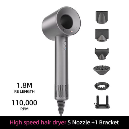 Gray high-speed TempComi Hair Dryer with multiple nozzles on a white background