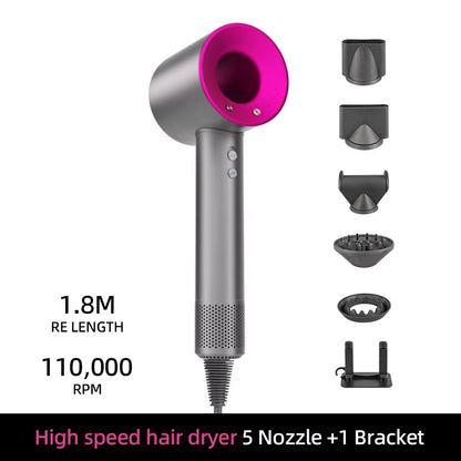 High-speed TempComi Hair Dryer with multiple nozzles and a bracket on a white background