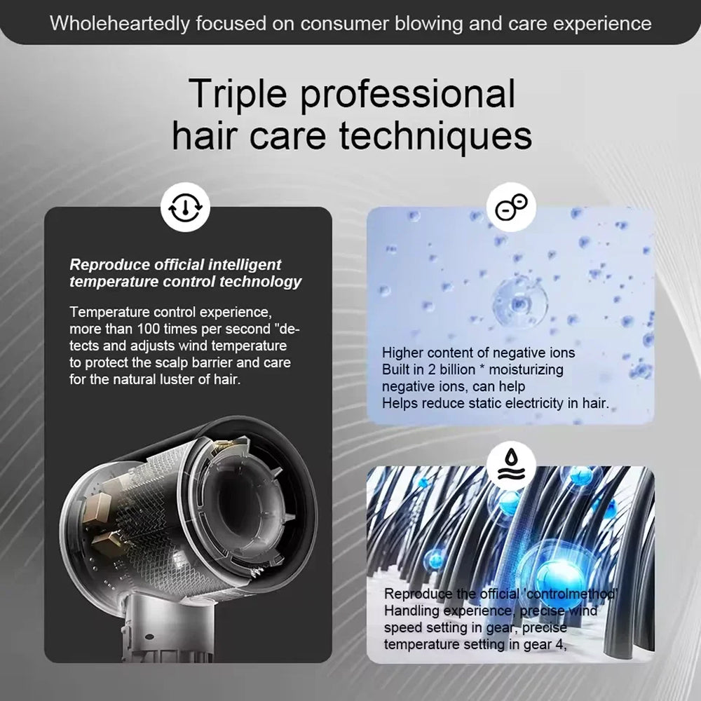 TempComi Hair Dryer product with text on professional hair care techniques and features.